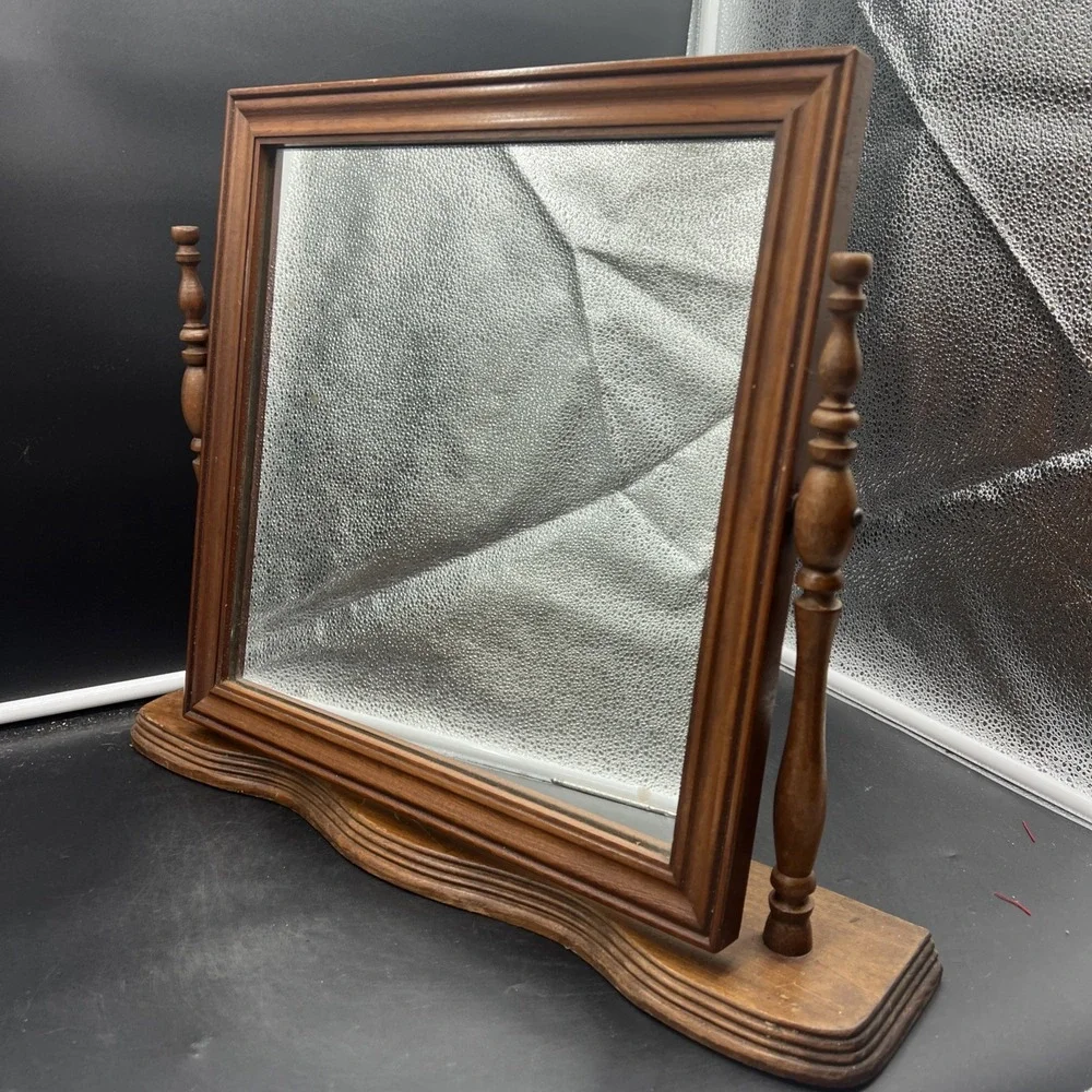 Vintage Wood Vanity Shaving Stand Dresser Table Top Swivel Beveled Mirror